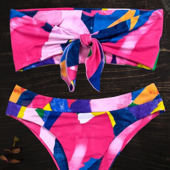 boho front tie colorblock high waisted bikini PINK - Picture 7 of 8